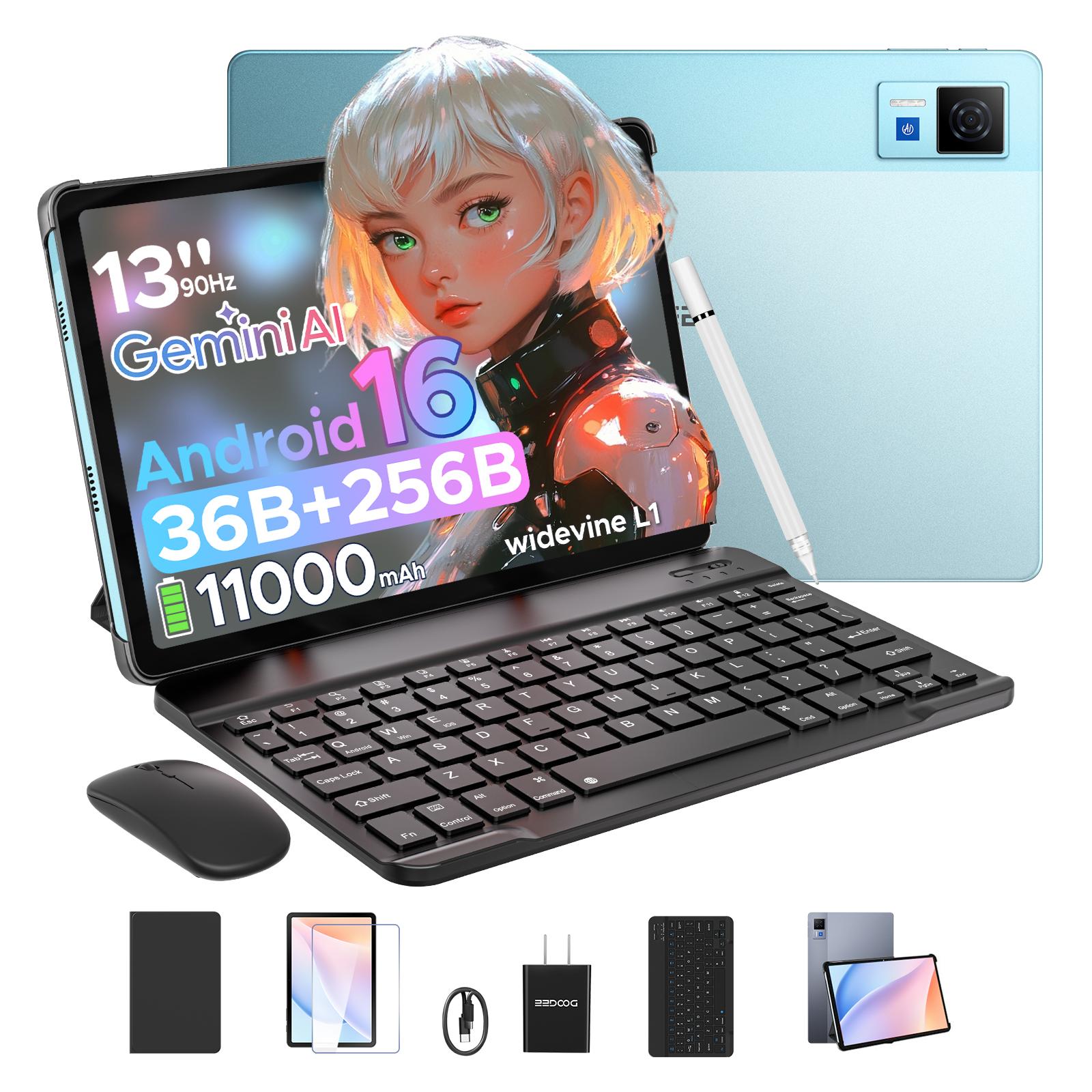 DOOGEE U13 Android 16 Tablet 13 Zoll Tablets, 32 GB RAM + 256 GB ROM(2 TB TF), 11000mAh Tablet mit Tastatur, Maus, Stift und Hülle blau