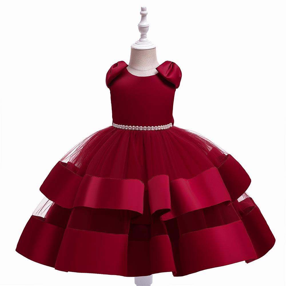 Prinzessinnenkleid aus Satin mit Perlen für Mädchen – Abendkleid aus Kuchennetz für Kinder 150 cm himbeere