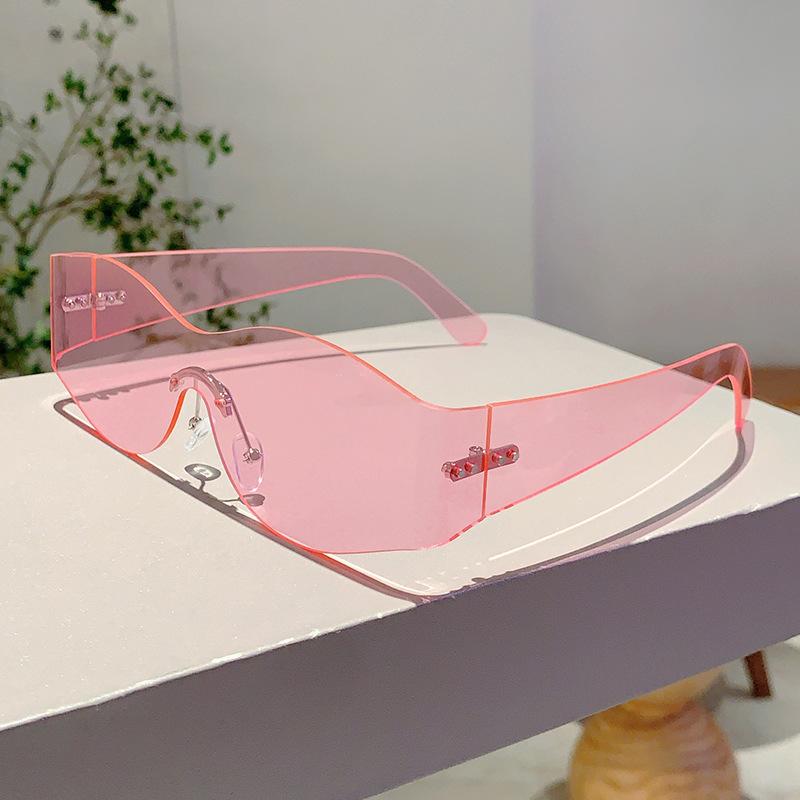 unpolarisiert Randlos Oval Sonnenbrille Damen Herren Luxus Trend Punk Maske Cat Eye Sonnenbrille Dame Retro 2000er Punk Shades rosa