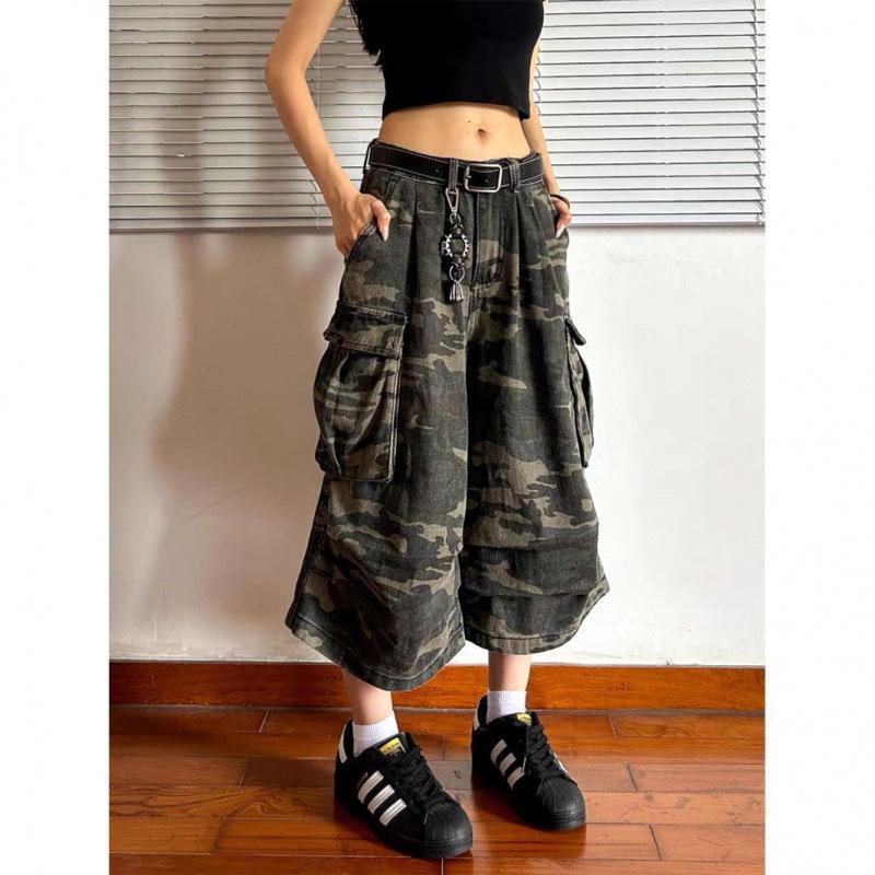 2026 Herren Used-Denim Cropped Hosen Camouflage Cargohosen Lockere Gerade Weitbeinige Hosen 3XL black