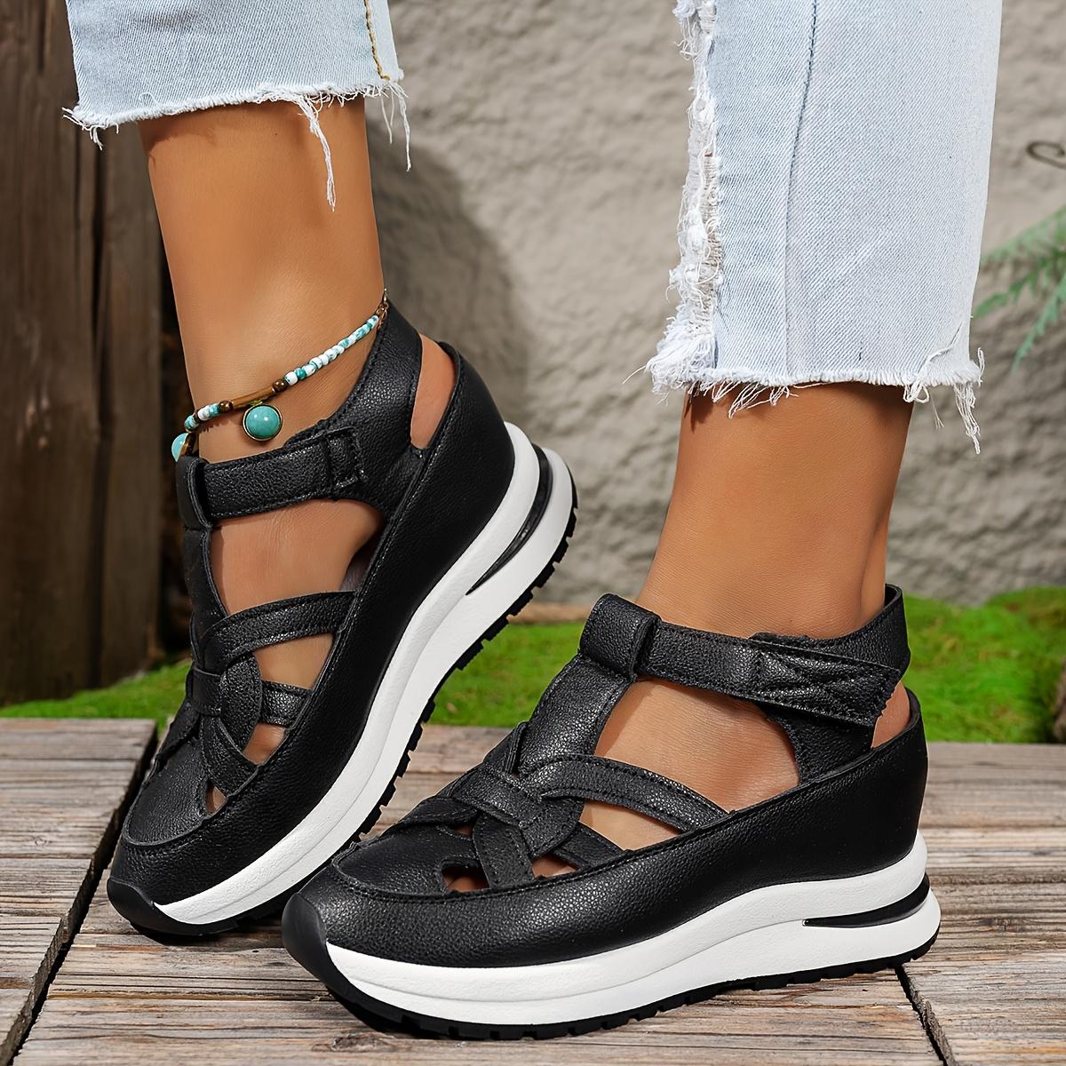 Damen Weiße Plateau-Sandalen Dicke Sohle Keilabsätze Klettverschluss Riemen Kunstlederbezug Gummisohle Riemchensandalen Sommerschuhe 41 schwarz