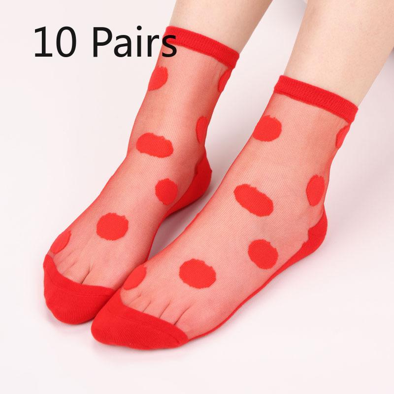 10 Paar Sommer Klare Kristall Seide Damen Socken Große Tupfen Blume Glasseide Damen Socken Kristallseide Damen Socken 10 Pairs rot