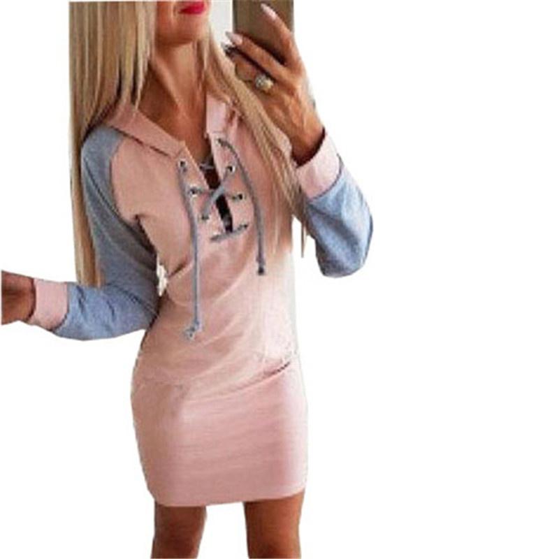 Kleid Schnürbandagen V-Ausschnitt Damen Slim Bodycon Kleid Langarm Patchwork Kausal Hoodies Kleid M rosa
