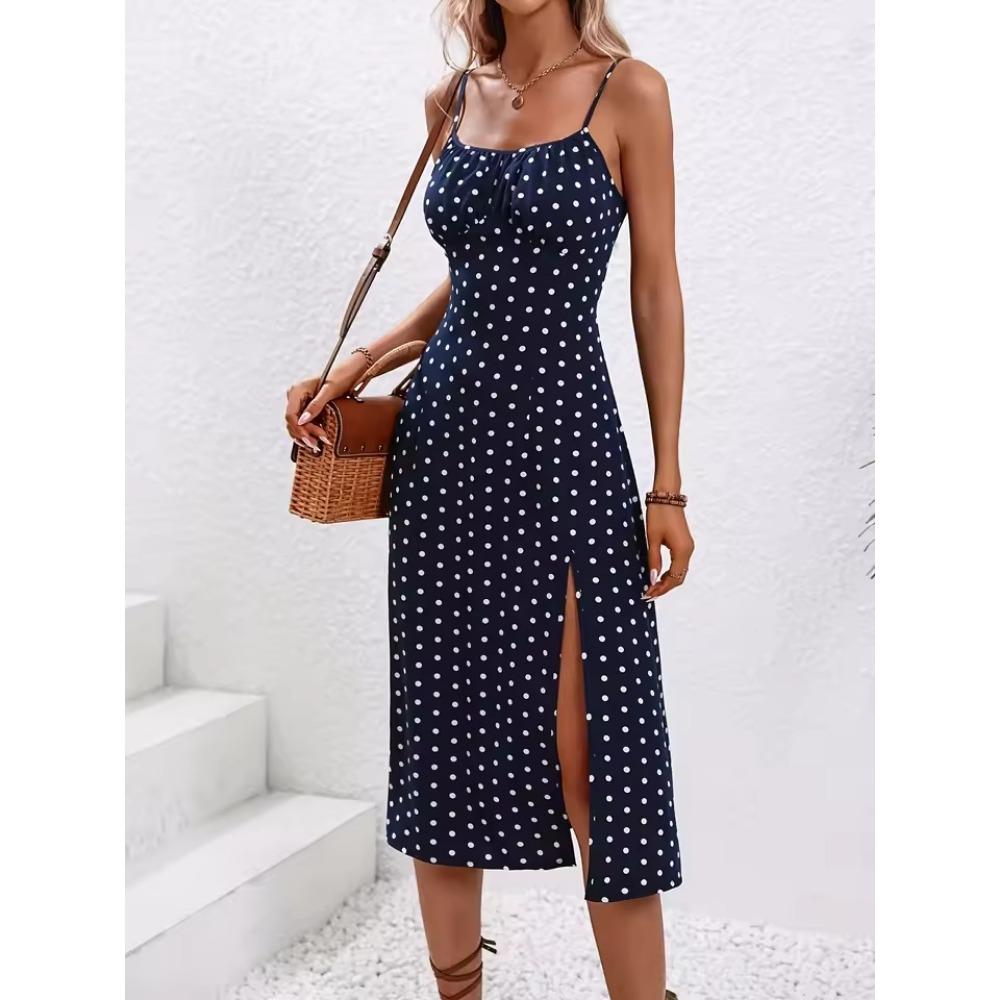 2025 Sommer Sexy Spaghetti-Trägern Kleid Damenmode Polka Dot Print Ärmelloses Kleid mit Schlitz Boho Casual Beach Midi Kleider 2XL navy blau