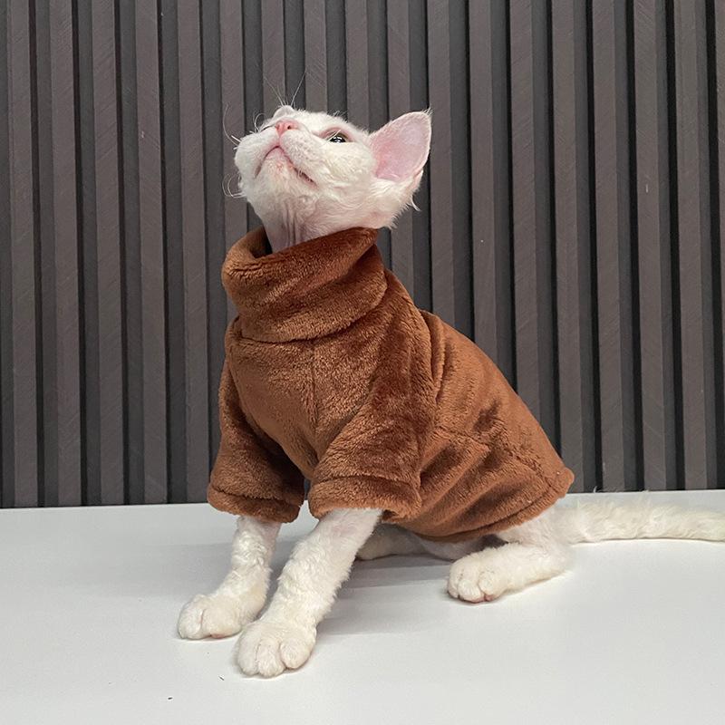 Winter Warme Haarlose Katze Kleidung Rollkragen Katze Pullover Mantel Weiche Flusen Pullover Hemd Verdicken Sphynx Katze Kleidung Haustier Kleidung XS braun