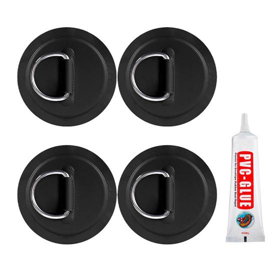 4-teiliger D-Ring-Patch für Schlauchboot-Kajak-SUP, kreisförmiges D-Ring-Pad, Edelstahl-D-Ring-Schnalle, PVC-Patch, Paddleboard, Kanu, Rafting-Zubehör schwarz