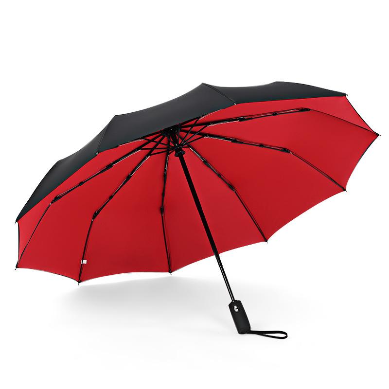 Vollautomatischer, winddichter, doppelschichtiger, regenfester Regenschirm für Herren und Damen, 10 K stark, großer Regenschirm, Sonnenschirm rot