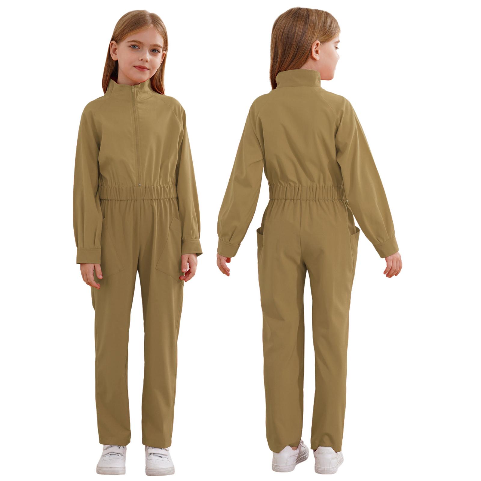 Mädchen Jungen Lässiger Mechaniker Overall Langarm Overall Fluganzug Overall für Kinder Halloween Verkleidung 5-6 Years khaki