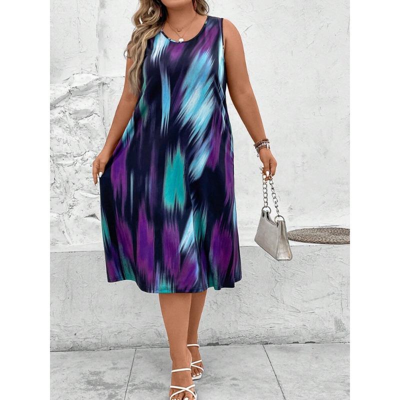 Frühling Sommer Kleider Damen Mode Bedruckt O-Ausschnitt Ärmellos Übergröße Kleider Damen 4XL violett