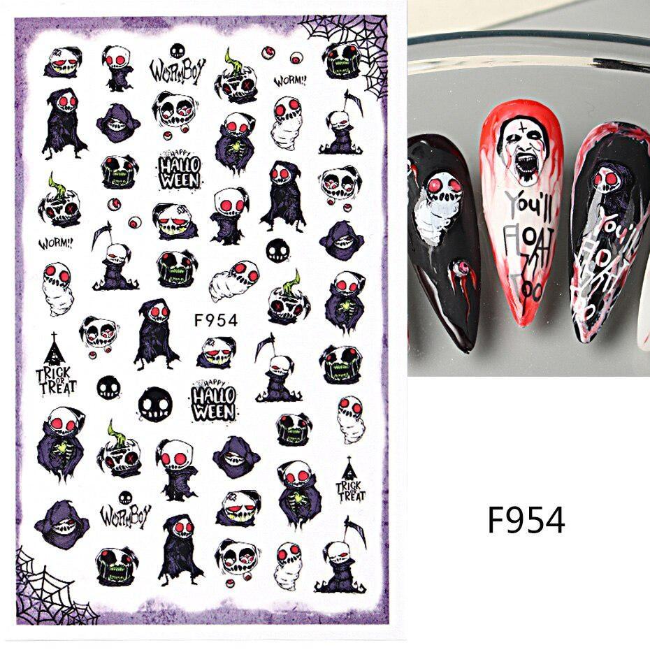 Süße Halloween Böse Nagel Design Aufkleber Grün Cartoon Schädel Geist Gruselig 3D Punk Maniküre Slider Aufkleber DIY Nagel Kunst F954