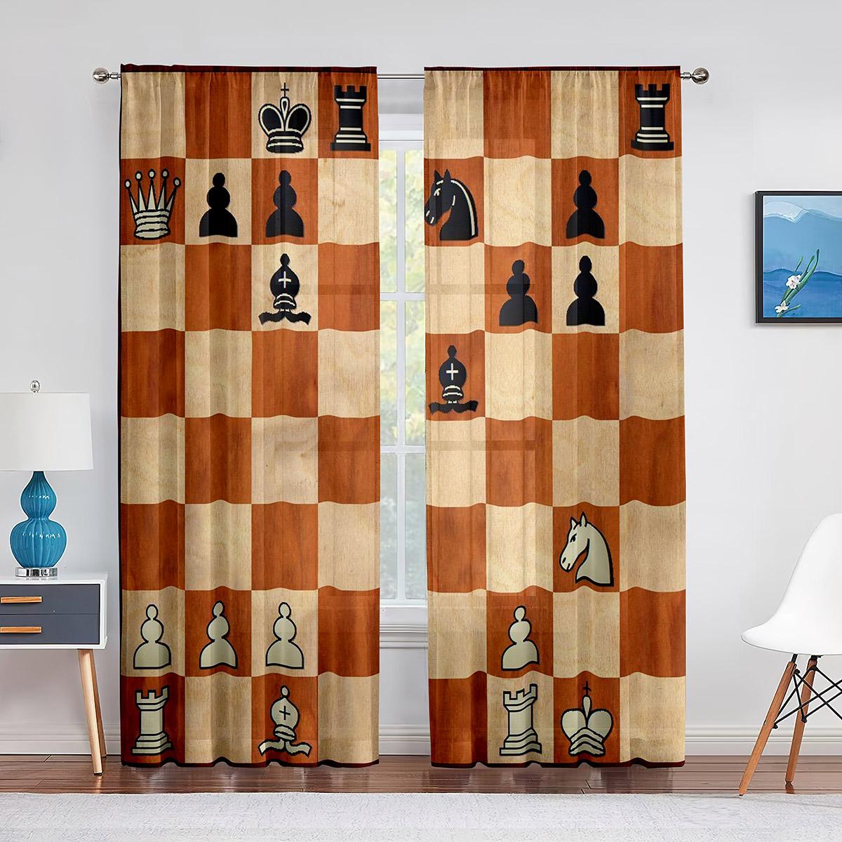 Schachbrett Sportspiele Tüll Voile Vorhänge für Schlafzimmer Fenstervorhang für Wohnzimmer Transparente Vorhänge Jalousien Chiffon Fenster Vorhänge 100W130H(CM)40x51in&Grommet Top beige