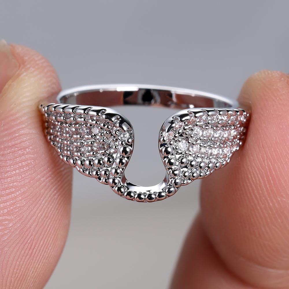 Glänzende weiße Zirkon-Verlobungsringe für Damen, modisch, silberfarben, Engelsflügel-Ringe, Hochzeit, Schmuck, Geschenk 7 weiß
