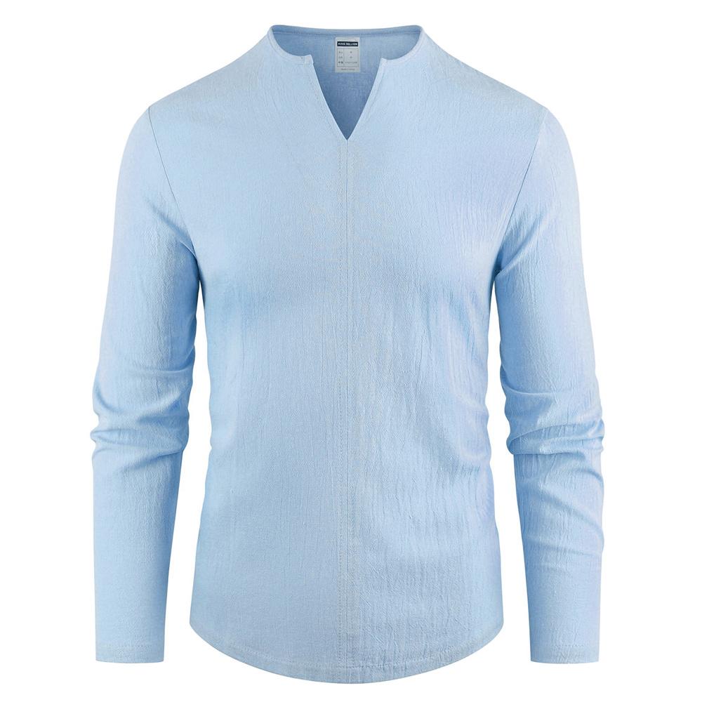 Herren Baumwolle Leinen T-Shirt V-Ausschnitt Langarm Freizeit T-Shirts Einfarbig Leicht Atmungsaktiv Gemütliche Oberteile Herrenmode T-Shirts M himmelblaue