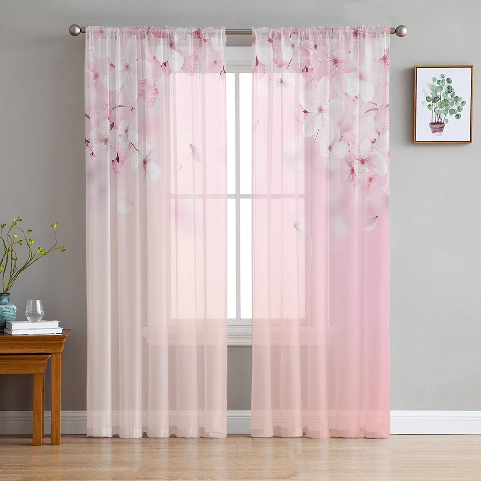 Japanischer Stil Sakura Kirschblüte Rosa Blume Transparente Vorhänge Wohnzimmer Dekoration Fenster Vorhang Küche Tüll Voile Vorhänge W135 x H215cm x1&Grommet Top