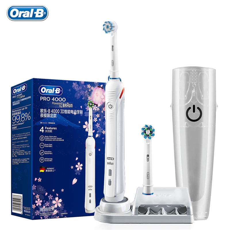 Oral B Ultraschall-elektrische Zahnbürste Pro4000 3D Smart Zahnaufhellung Wiederaufladbare Zahnbürste für Erwachsene Wasserdichter Fleck gray