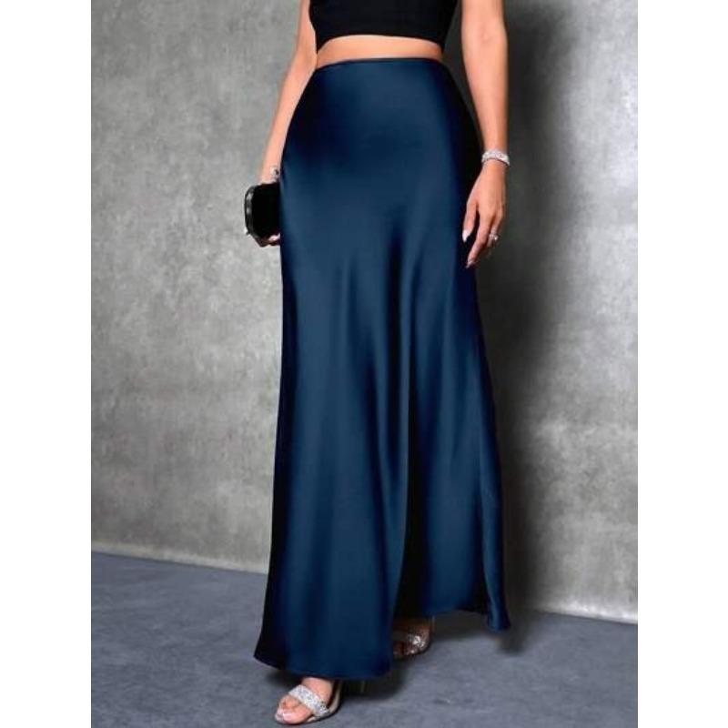 Mode Elegant Locker Damen Satinröcke Frühling und Sommer Neu Einfach Lässig Büro A-Linie Lange Röcke Büro Einfarbig Damenbekleidung S navy blau