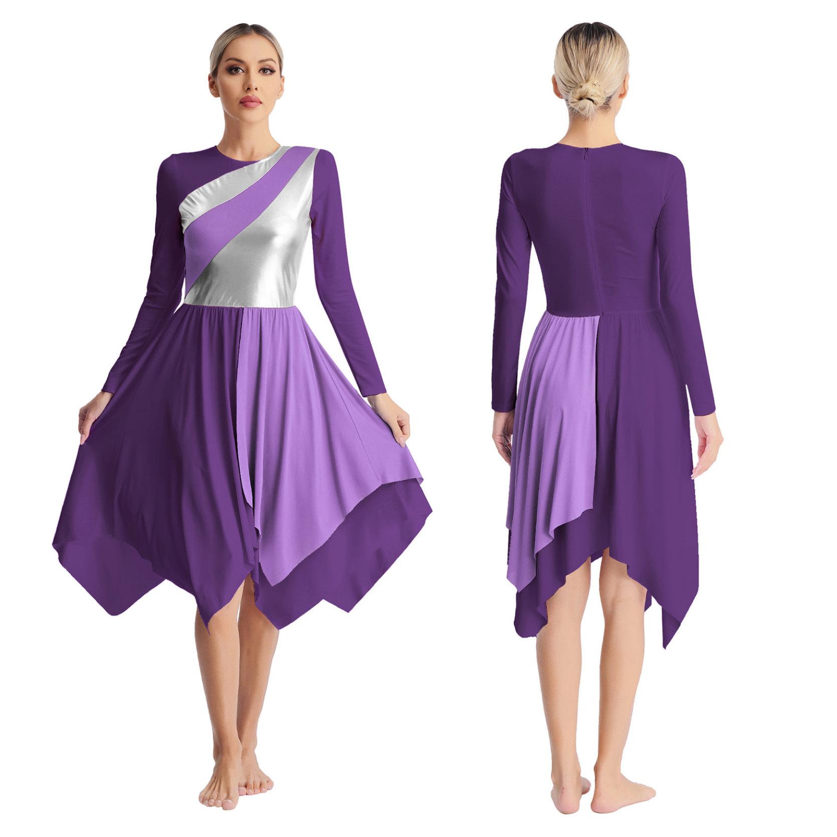 Liturgisches lyrisches Tanzkleid für Damen, langärmelig, metallische Kontrastfarbe, asymmetrische Kleider, Anbetungsaufführung S violett