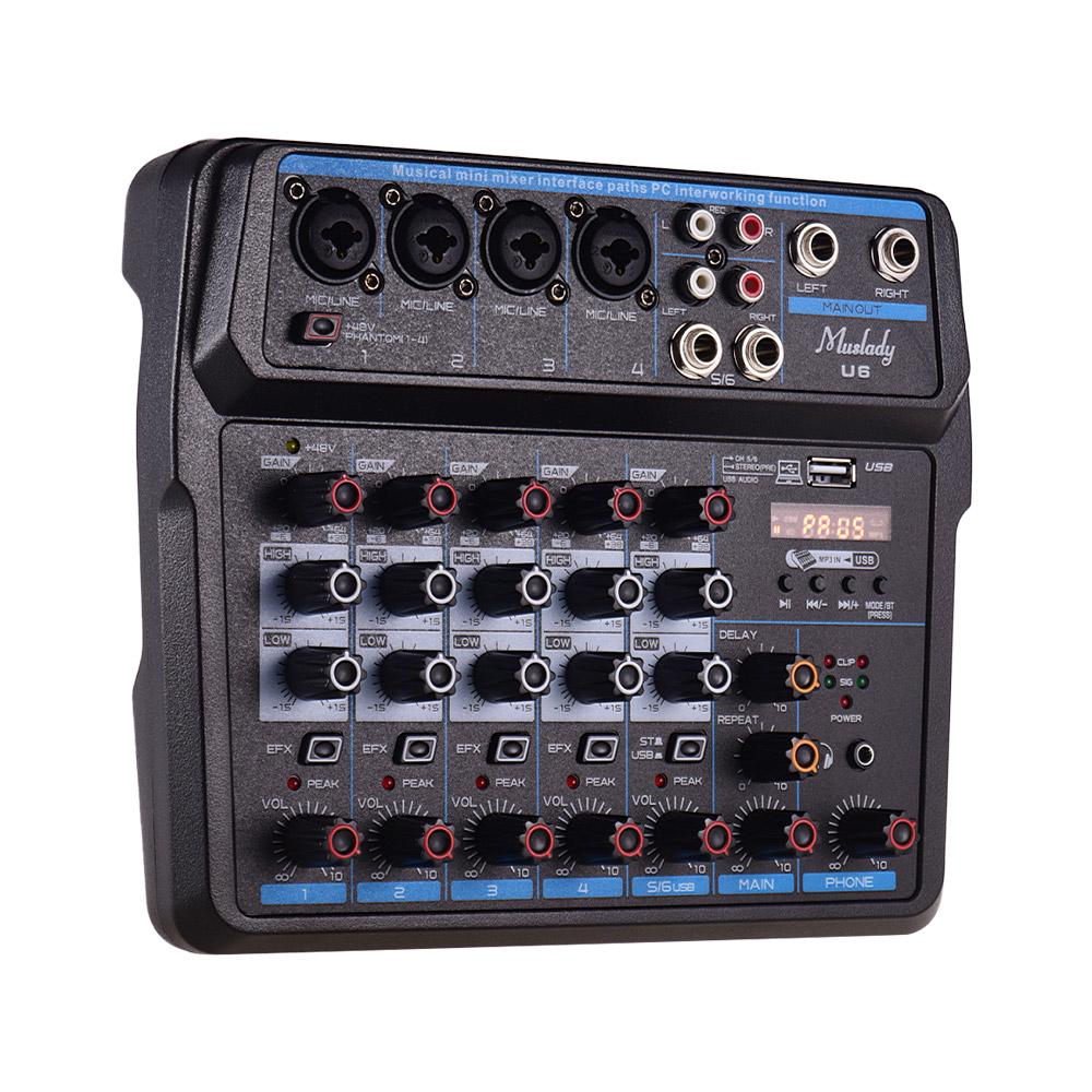 Muslady U6 Musik-Mini-Mixer, 6 Kanäle, Audio-Mischer, BT-USB-Mischpult mit Soundkarte, integrierte 48-V-Phantomspeisung, EU-Stecker EU Plug schwarz