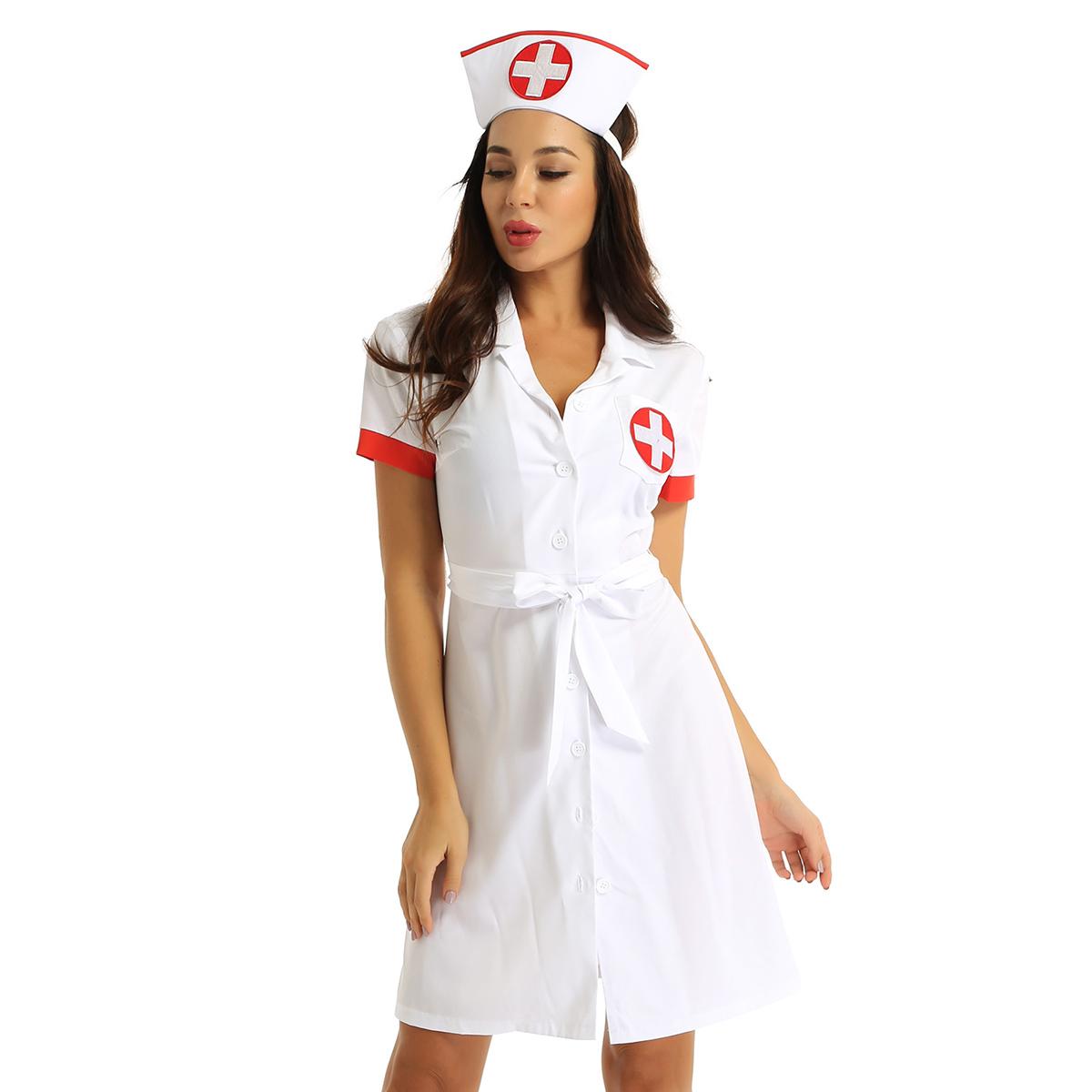 3-teiliges Kostüm für Damen und Erwachsene, Krankenschwester-Kostüm, Outfit, Reverskragen, kurze Ärmel, Button-Down-Uniform, Kleid mit Gürtel und Hut S weiß