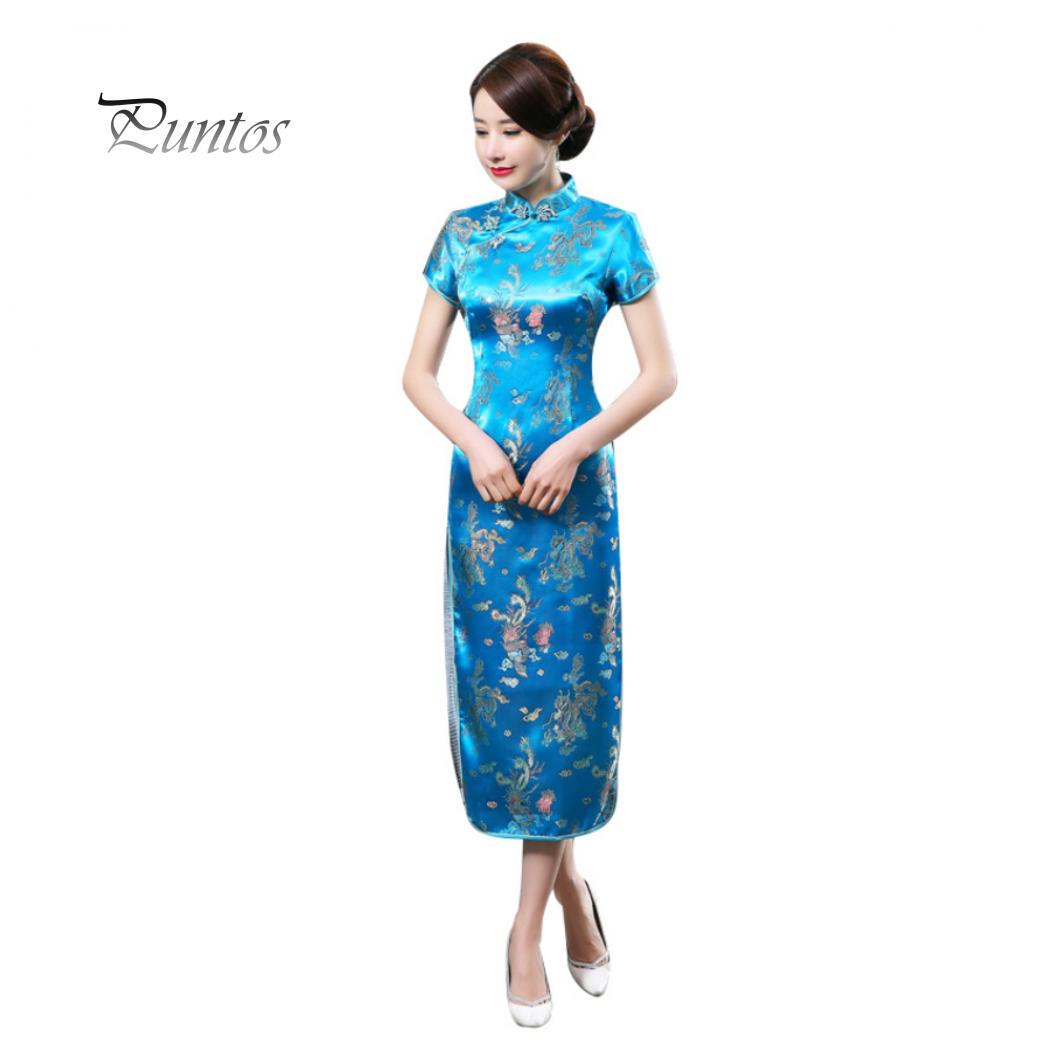 Traditionelles chinesisches Frauen-langes Cheongsam-Brautjungfer-Kurzarm-Abendkleid XXXXL see-blaue