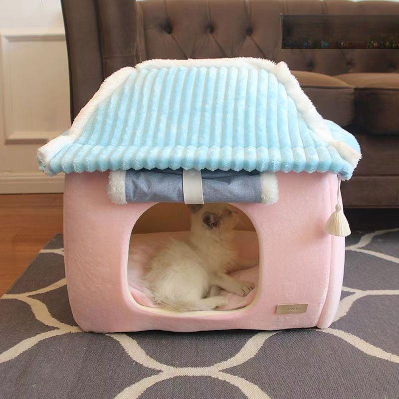 Faltbares Haustier Winter Warmes Haus Abnehmbar und Waschbar Haustiere Bett Zelt Hundehaus Katzenbetten mit Haustiermatte Hunde Katzen Bett Zelt Zubehör L-49x39cm