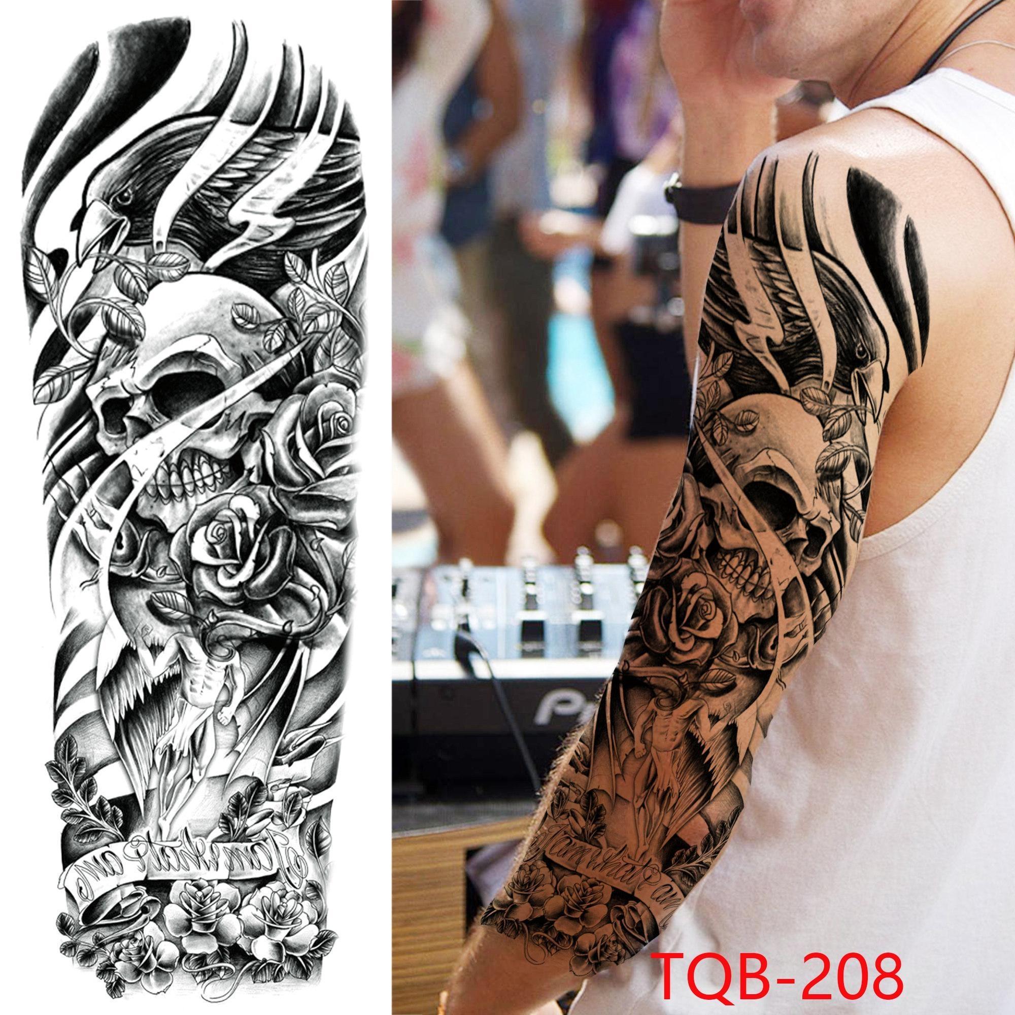 1 STÜCK 480*170 MM Temporäre Tattoo-Ärmel Für Männer Frauen Super Großer Kompass Wolfskopf Auge Gefälschte Löwengott Feder Tattoo Vollen Arm Tattoo Aufkleber TQB-208