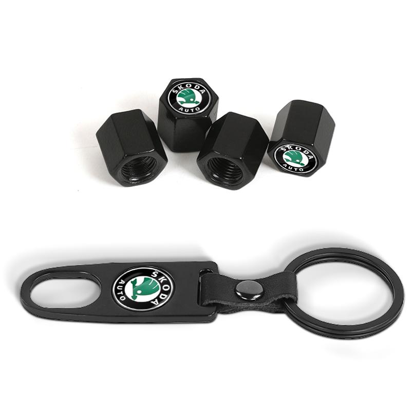 Auto-Emblem Schlüsselanhänger Schlüsselring mit Reifenventilkappe Autozubehör für Skoda Octavia Rapid Kodiaq Karoq Fabia Kamiq Superb Derivative Vision A5 A7 5pcs