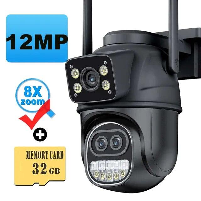 Neue EU 12MP 6K WiFi-Kamera für den Außenbereich, drei Objektive, Dual-Screens, 8-facher Zoom, CCTV-Mini-Videokamera, automatisches Tracking, Sicherheitsschutz, Überwachung, iCSee-App 12MP 6K Add 32G