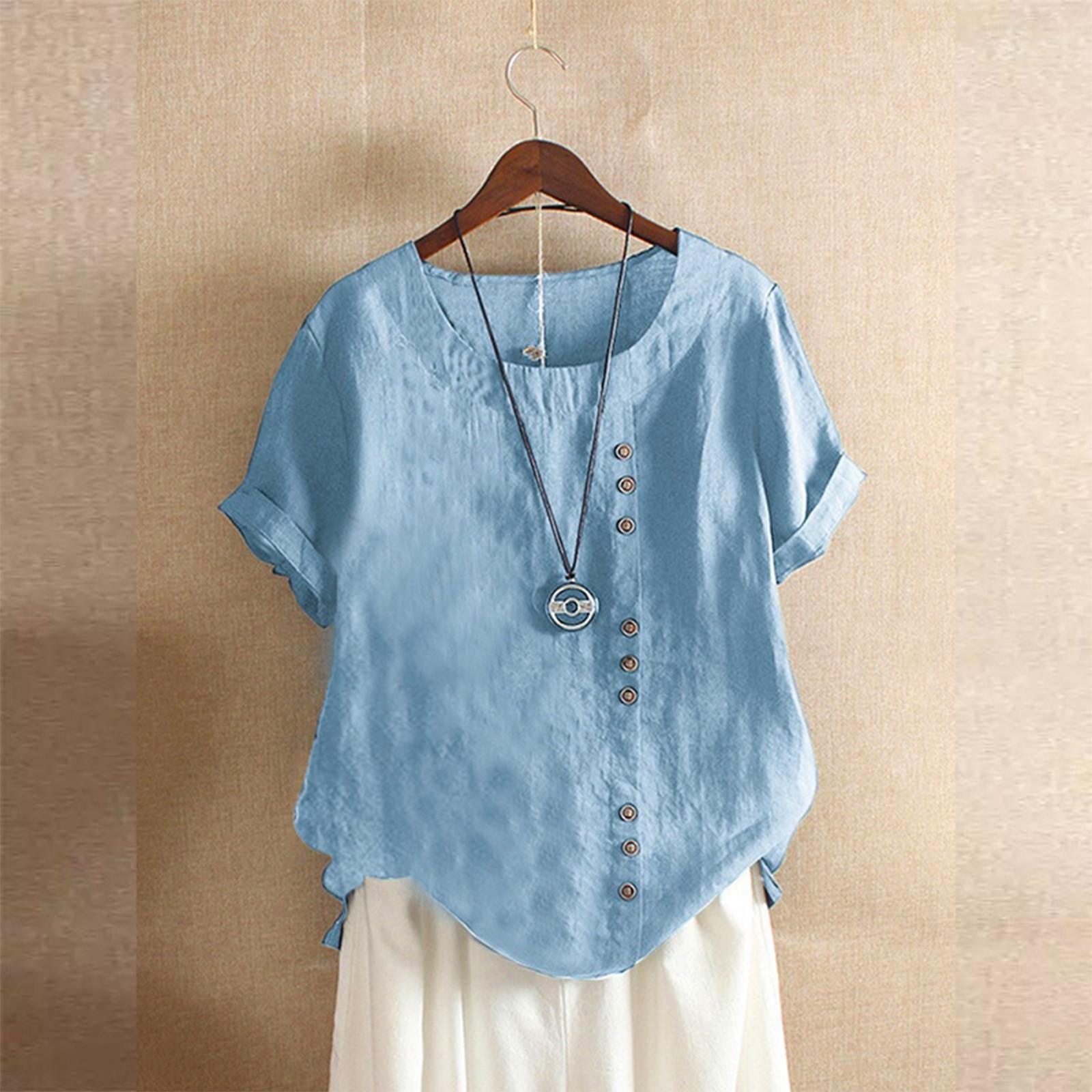Damenmode, lässig, Temperament, Rundhalsausschnitt, Vintage-Stil, Baumwolle und Hanf, einfarbig, kurzärmelig, T-Shirt-Oberteil XXXXXL himmelblaue