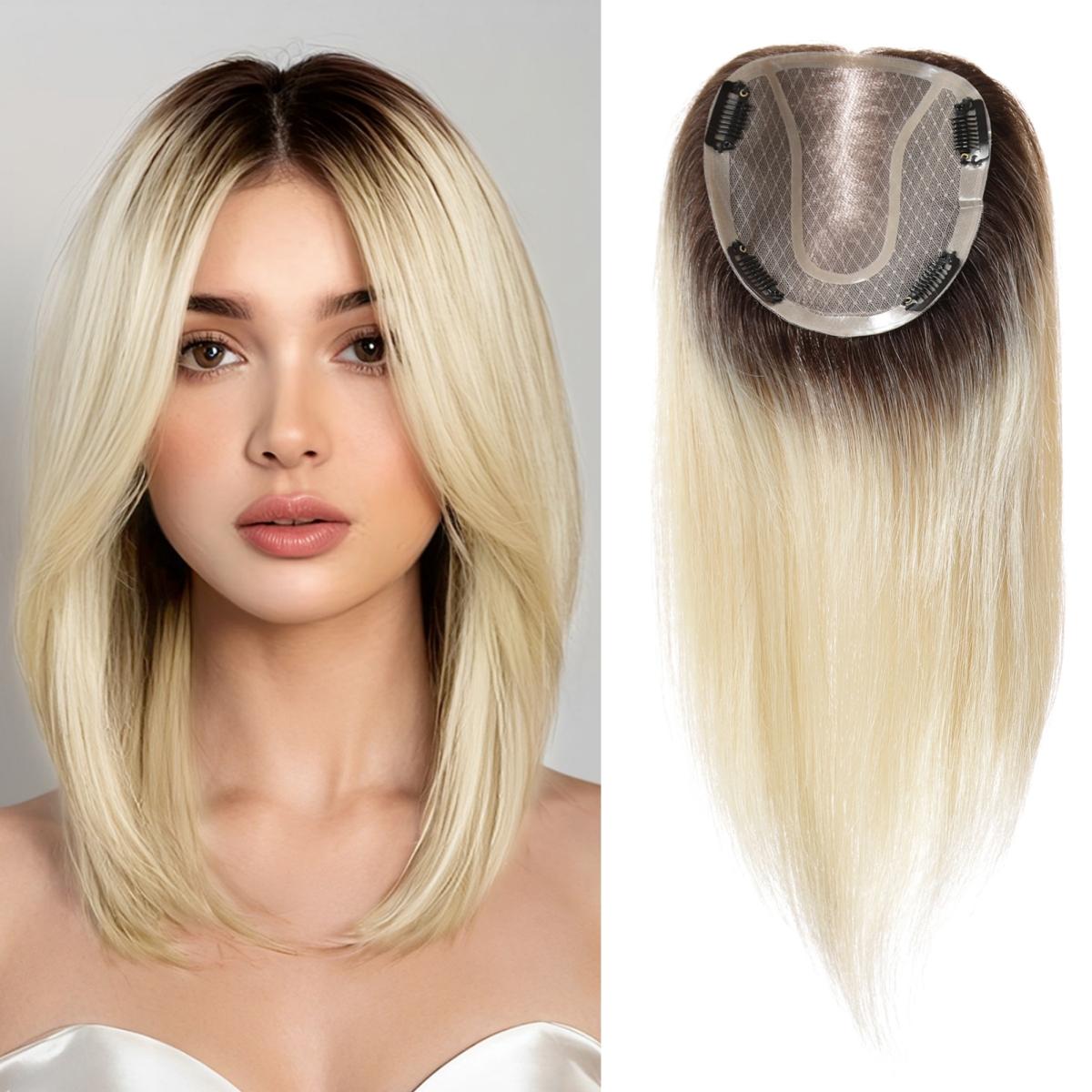 HAIRCUBE Hellblonde 14-Zoll-Echthaar-Topper mit dunklen Wurzeln für Frauen, 4 Clips, Stücke mit dünner werdendem Haar in Mono-Spitzen-Basis-Toppern