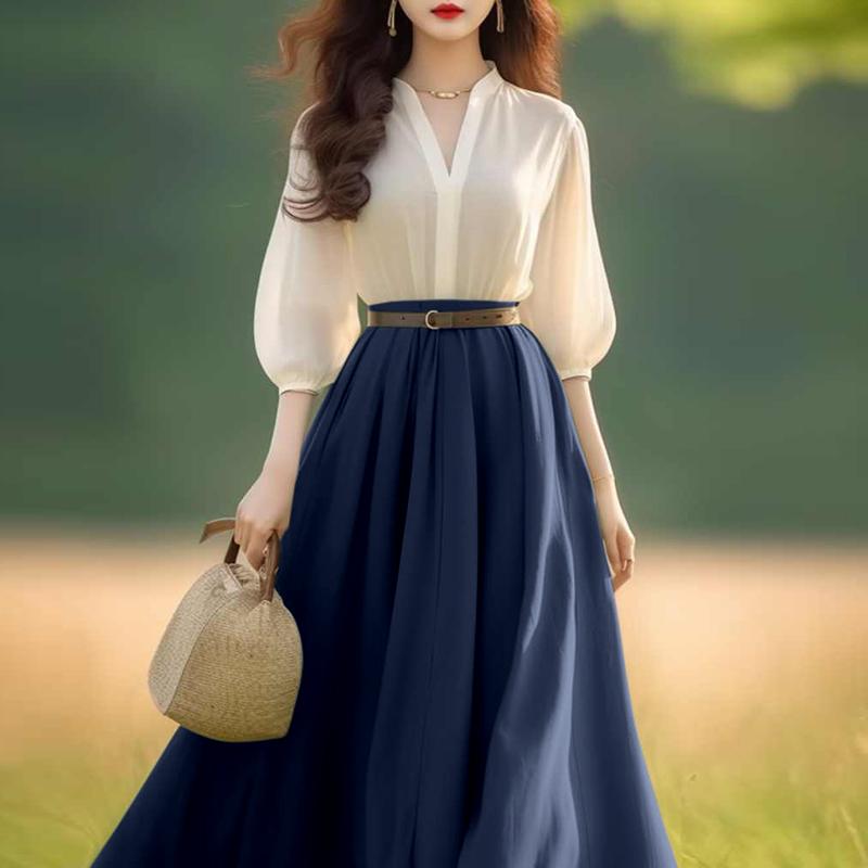 ZANZEA Damen Elegante V-Ausschnitt Laterne Kurzarm Taillen A-Linie Kleider 4XL dunkelblaue