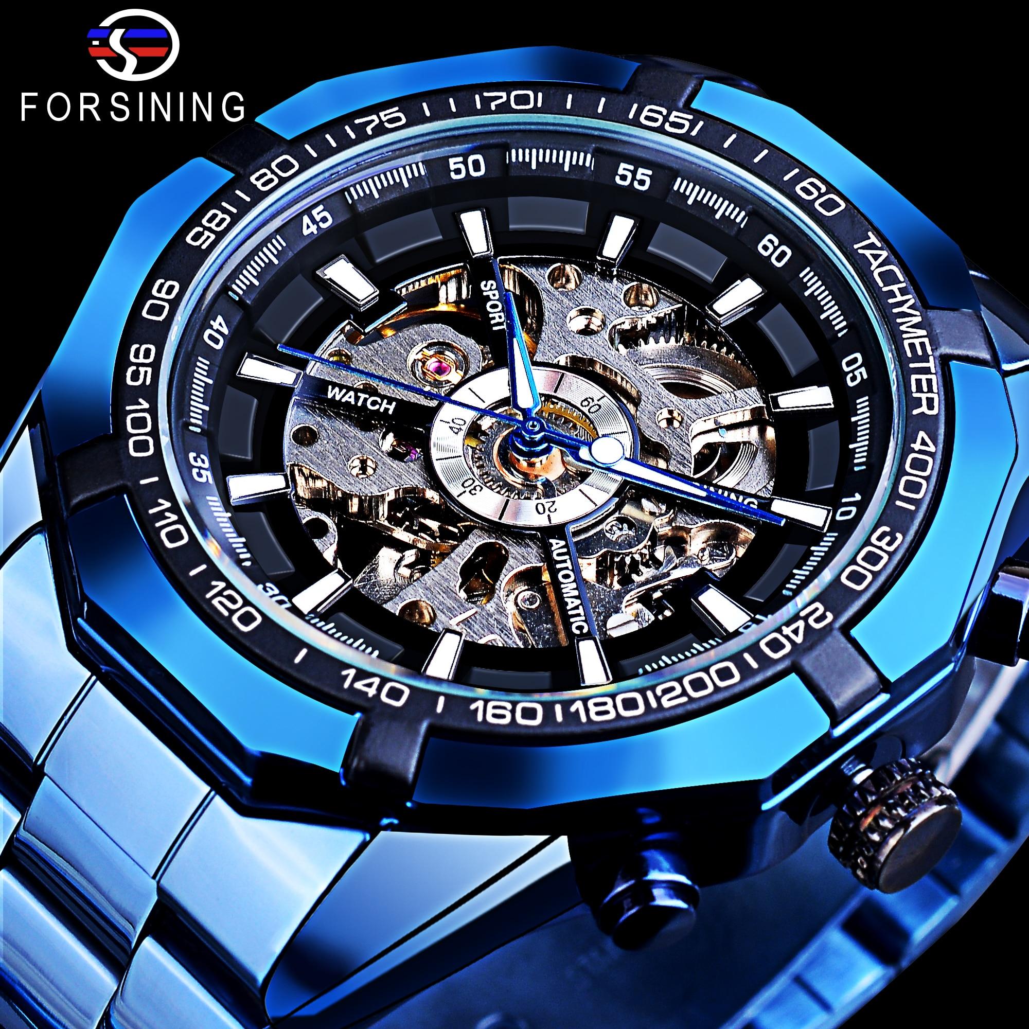 Forsining Edelstahl Wasserdicht Herren Skeleton Uhren Top Marke Luxus Transparente Mechanische Sport Männliche Armbanduhren blau