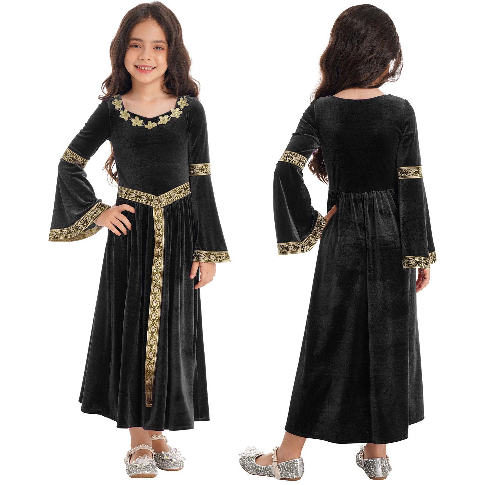 Mittelalter Kostüm Mädchen Mittelalterkleid Vintage Prinzessin Maxikleid Renaissance Cosplay Kostüm Partykleid 13-14 Years schwarz