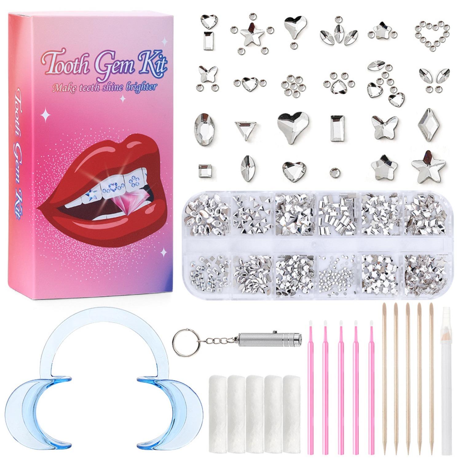 Zahnstein-Set, Zahnschmuck-Set mit Kleber und Licht, Zahnstein-Set für Zähne, Professionelles DIY-Zahnstein-Set, Modischer Kristall für Zähne Süßes Lächeln weiß