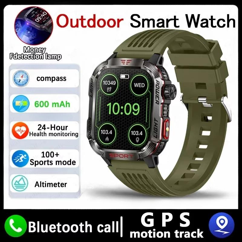 2025 Neue Militär-GPS-Smartwatch Herren Taschenlampe Kompass Wasserdicht Outdoor-Sport-Tracker Bluetooth-Anruf Smartwatch Green silicone belt