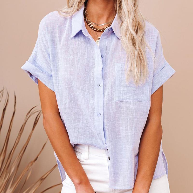 Elegante Blusen für Damen, kurzärmelig, Sommerhemden für Damen, Baumwoll-Leinen-Shirt, kurzärmelige Oberteile für Damen, lässig, 21929 XXXL licht lila