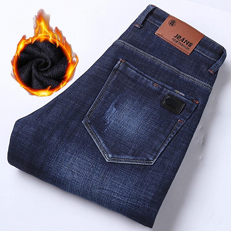 Übergroße Business-Casual-Jeans Jeans für Herren, Herbst und Winter, Plüsch, verdickte gerade Passform, warmer Stretch, große Größe, schwarze Business-Hose für Herren 40 blau