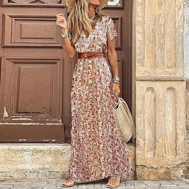 Boho Paisley Print Langes Kleid Damen Vintage V-Ausschnitt Kurzarm Kleider Damen Elegant Großer Saum Gürtel Strandkleid Maxikleid XL rot