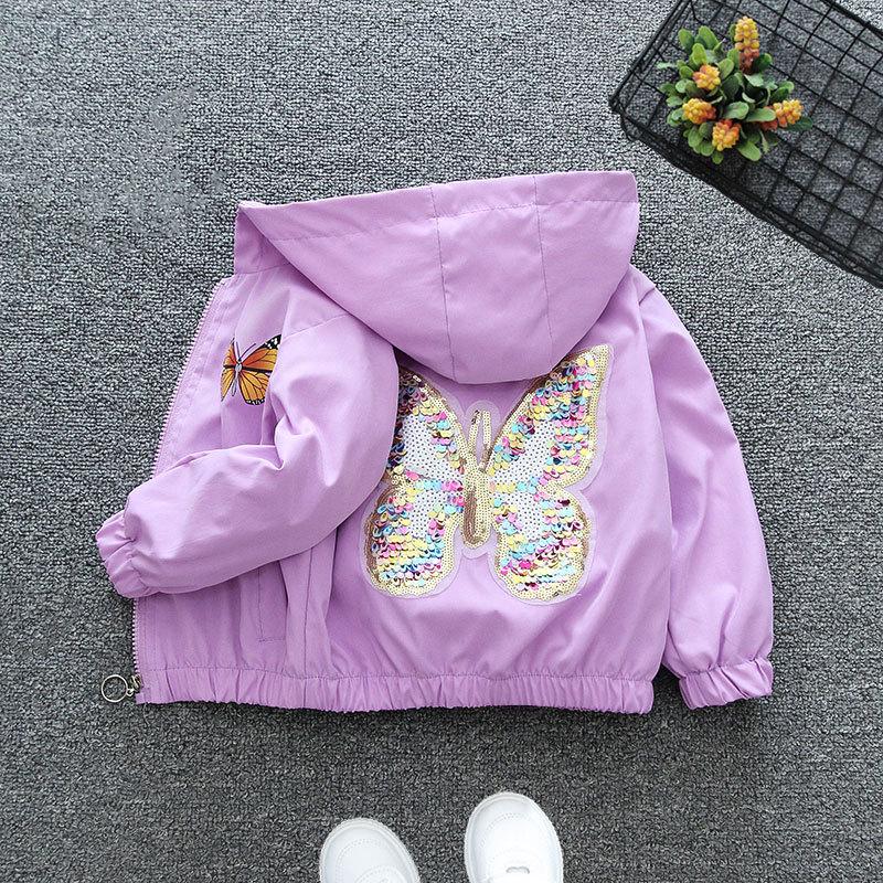 Mädchen Jacke Herbst/Winter Kinder Kapuzenmantel Pailletten Schmetterling Reißverschluss Jacke Kindermode Jacke 120cm violett