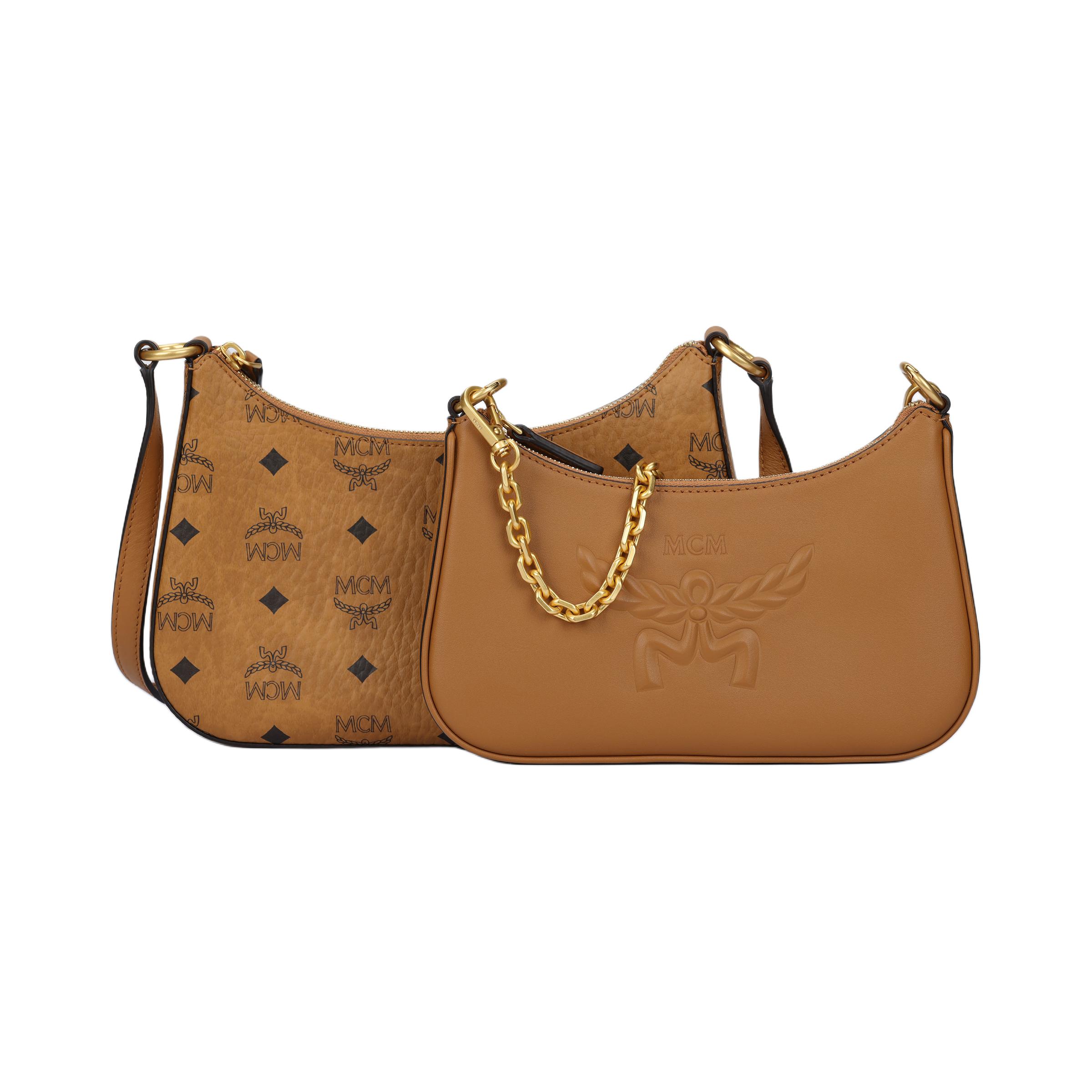 MCM Aren Visetos Zwei-in-Eins Logo-Prägung Abnehmbare Kette Reißverschluss Crossbody Schultertasche Kleine Damen Taschen Cognac Brandy MWHFSTA03CO001 Basic Set (Bag+Dust Bag)