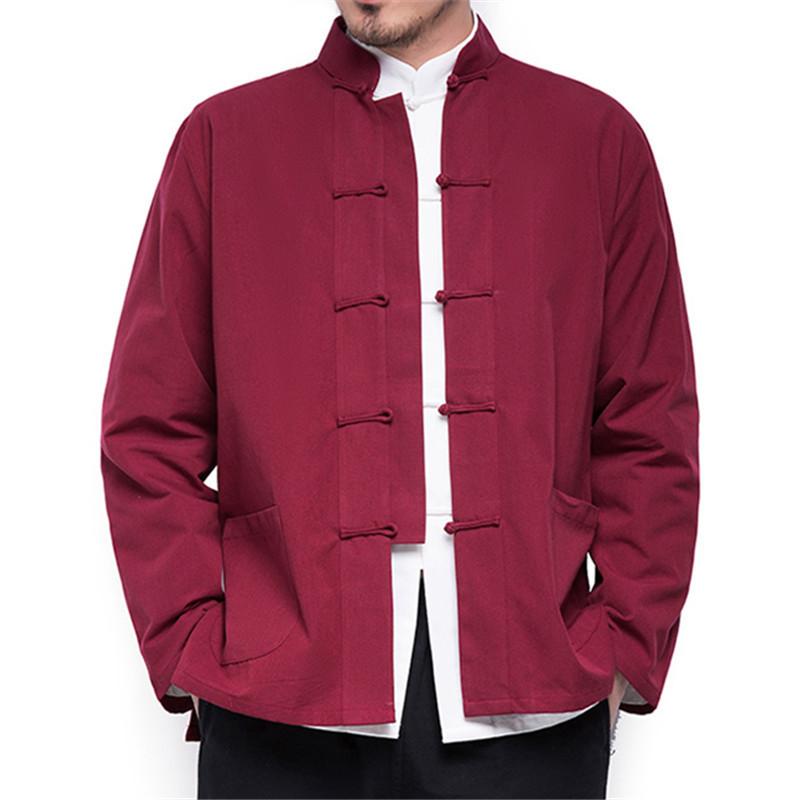 Herbst männer Chinesischen Stil Baumwolle Leinen Mantel Lose Kimono Strickjacke Männer Einfarbig Leinen Oberbekleidung Jacke Mäntel 180 wein rot