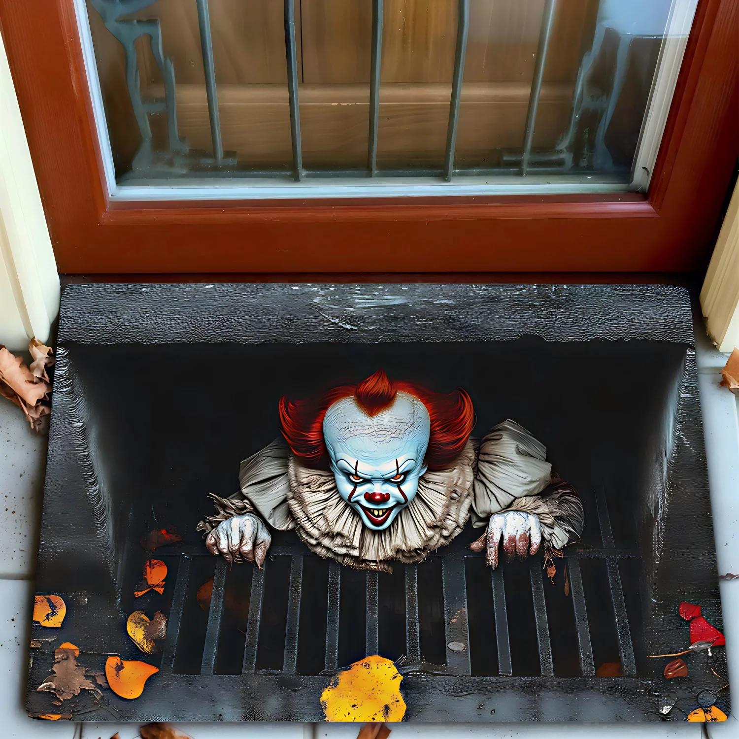 Horror-Thema Rutschfeste Saugfähige Fußmatte Pennywise Gruseliges Muster Heimdeko Teppich für Eingang Badezimmer Schnelltrocknend Langlebig 40cm x 60cm gray