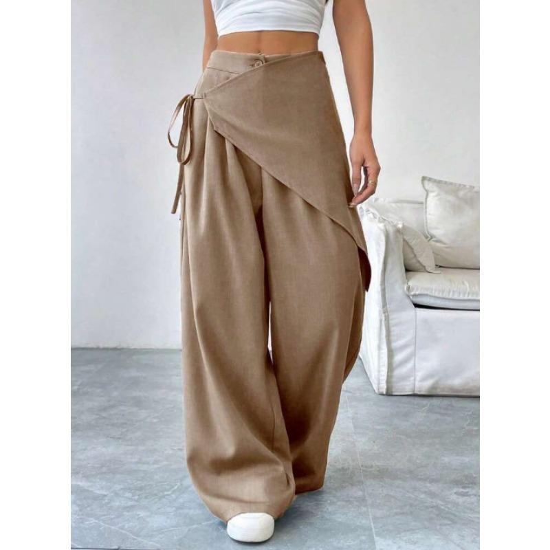 Unregelmäßige lockere Schnüranzughose für Damen Neues Design Schlanke Weitbeinige Hose für Damen Büro Unifarbene Frühling Herbst Freizeit Büro Modehose S khaki