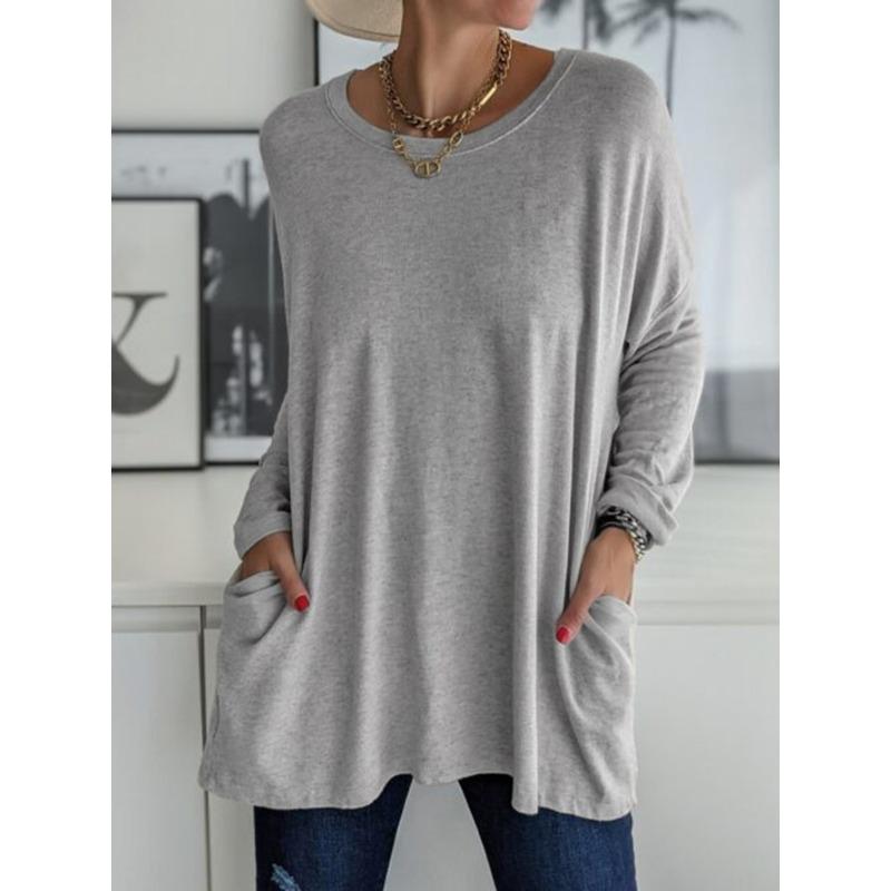 Damenmode, lässig, einfarbig, langärmelig, O-Ausschnitt, Blusen und Hemden XXXL graue