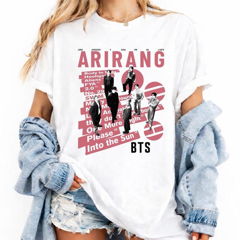 BTS Arirang Welttournee T-Shirt, Bangtan 2026 Konzert T-Shirt, Merch Geschenk für Kpop Fan Hip Hop Streetwear Übergroßes T-Shirt Kurzarm Freizeitkleidung XL pink
