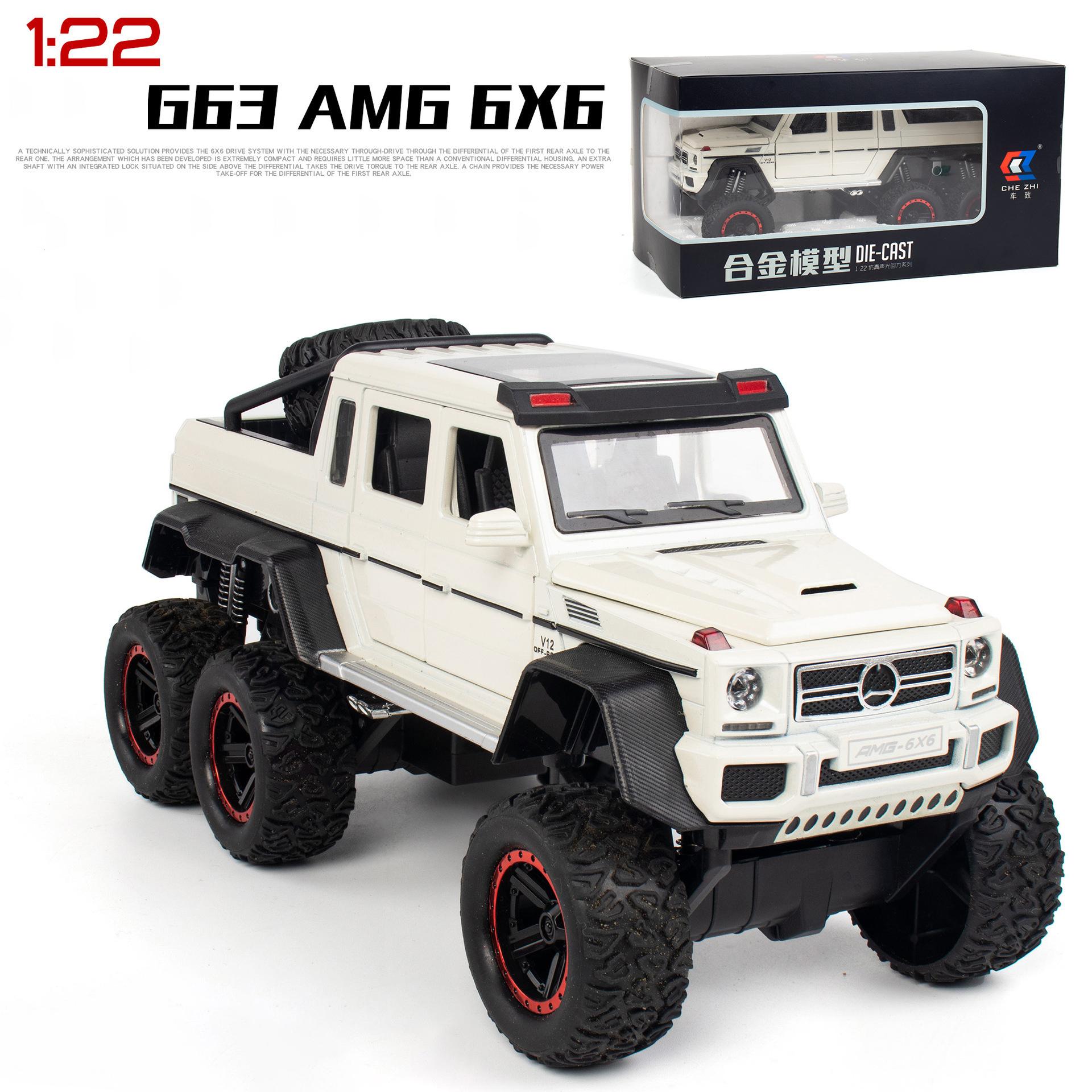 Maßstab 1:22 G63 AMG 6x6 V12 Off-Road Black Pickup Modellauto, Spielzeugauto zum Zurückziehen aus Zinklegierung mit Sound und Licht für Kinder als Geschenk für Jungen und Mädchen 23.5*11*10CM weiß