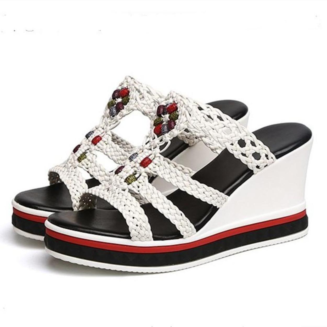 2026 Modische Flip-Flops Damenschuhe Perlen Hausschuhe Plateau Sommerschuhe Offene Zehen Keilabsatz Sandalen Damen Weberei Schuhe Damen 40