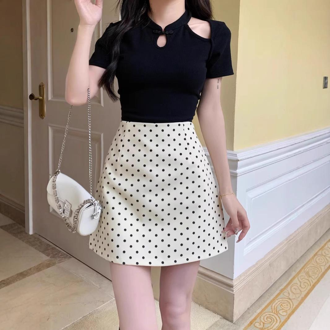 Weißer Polka-Dot Rock, Lässig, Vielseitiger Hüftbetonter Rock, Sommer Heißes Mädchen High-Waist A-Linien Rock, Anzug Kurzer Rock XS grauweiß