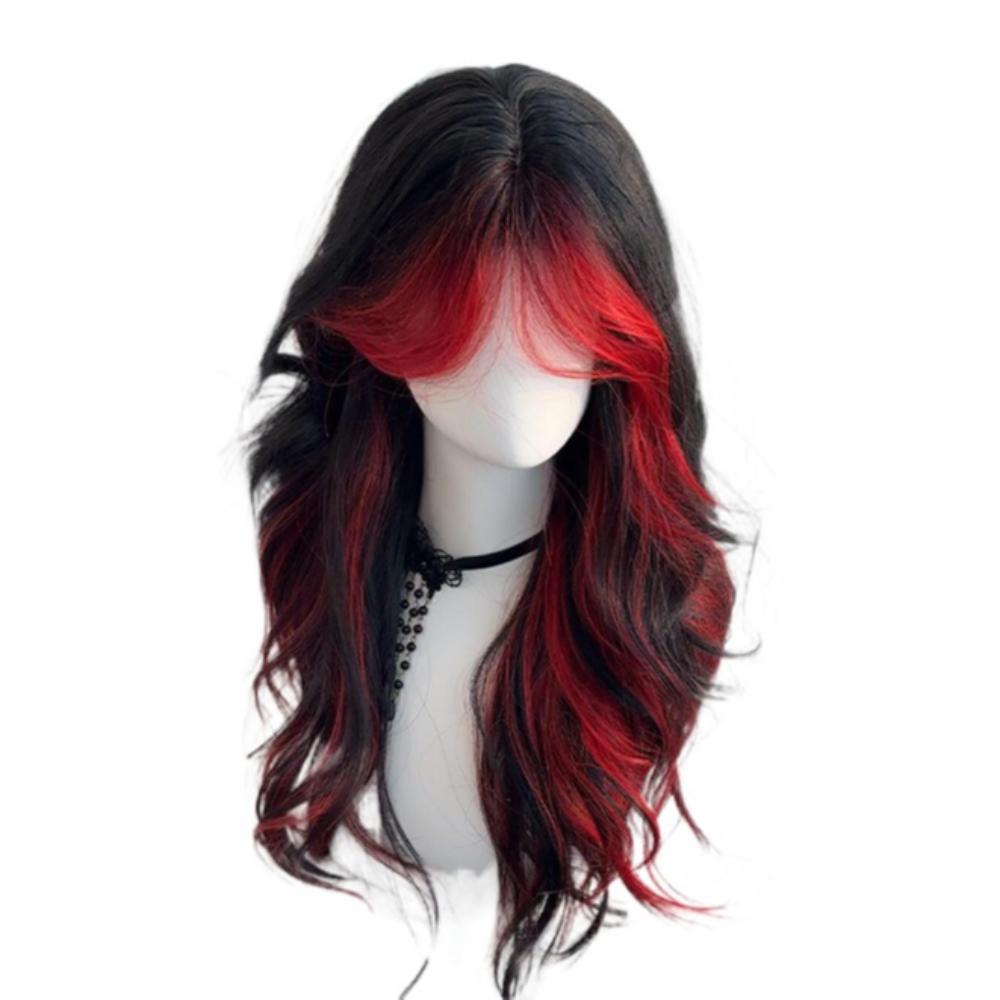 Mittelscheitel Schwarzes Ombre Rotes Gestuftes Haarteil Halloween Lolita Cosplay Perücken für Damen schwarz/rot