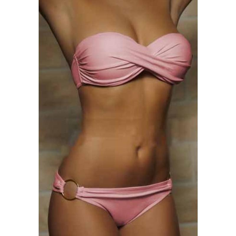 Zweiteiliges Bikini-Set für Damen, gepolstertes BH-Oberteil, Bikini-Trikin-Unterteil, Strand-Badeanzug, Badebekleidung L rosa